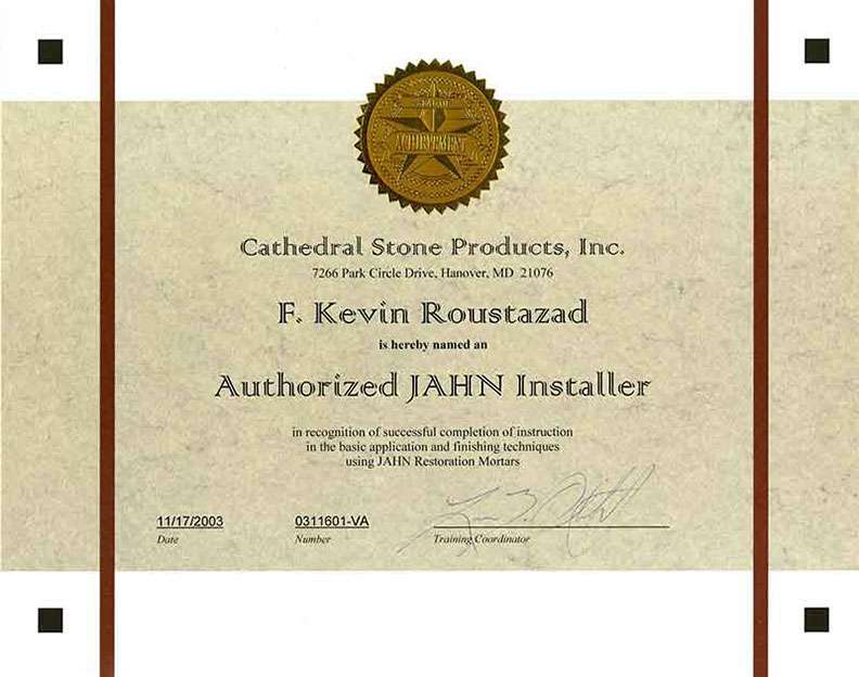 Cathedral Stone Products Certificate – 2003