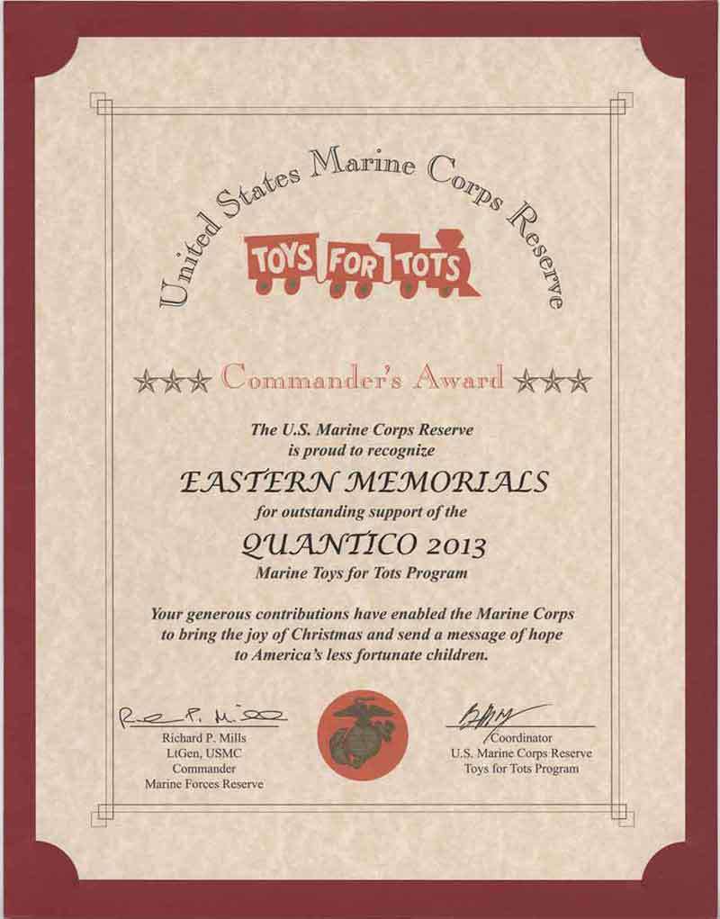 Commander’s Award of US Marine Corps Reserve for Toys for Tots Christmas Parade – 2013