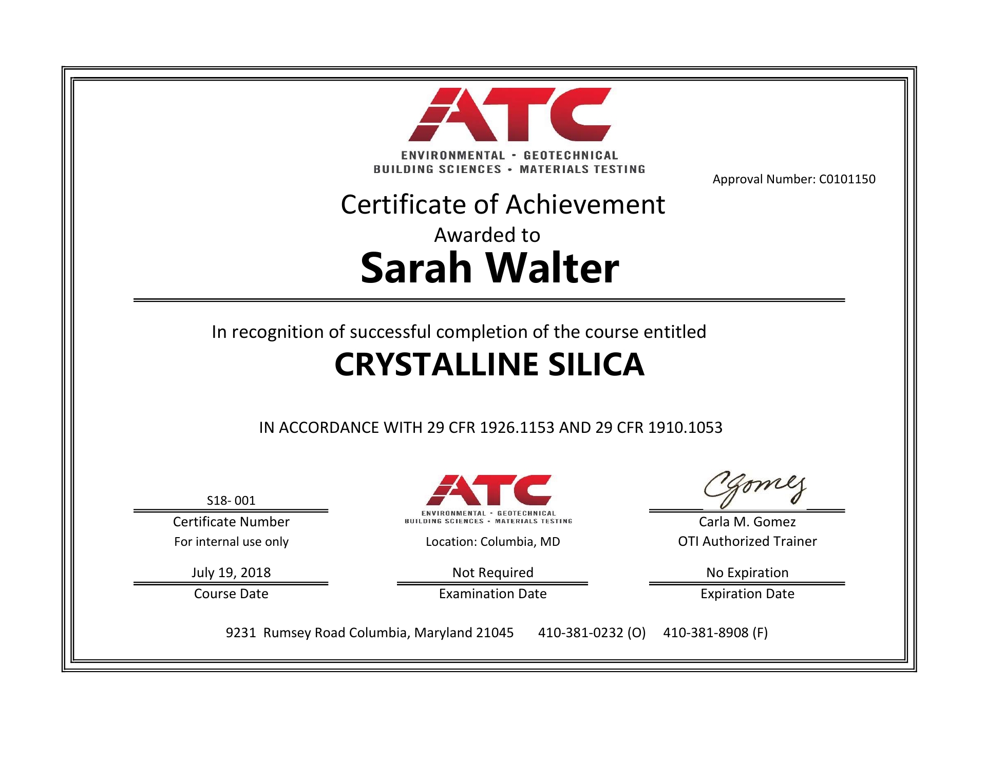 Silica Training Certificates